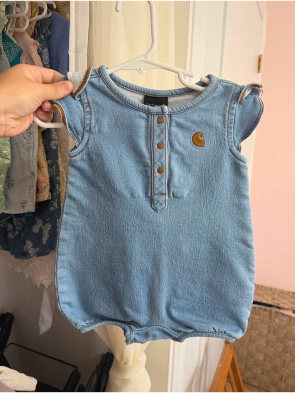 Carhartt Light Blue Denim-Style Baby Romper with Brown Logo